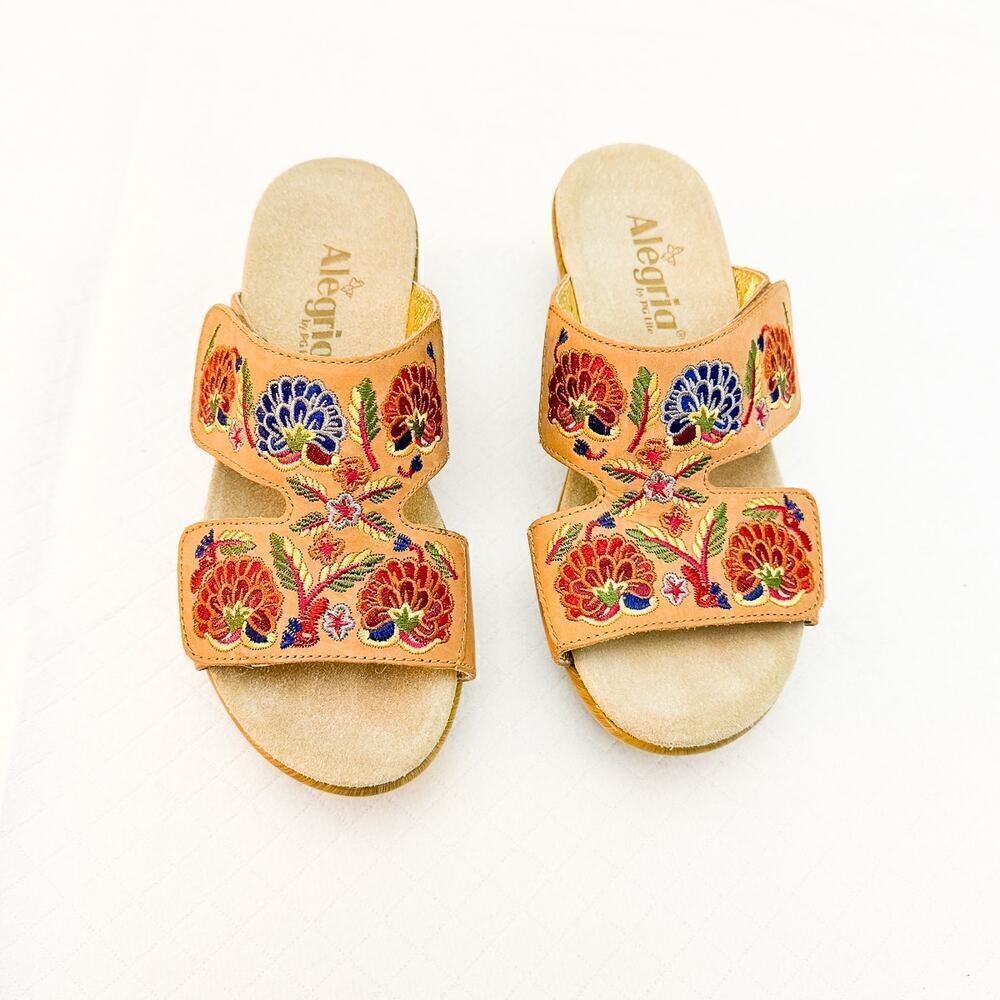 Alegria Leather Flower Embroidered Sandal Slip On Shoe LIN-647M Size 38